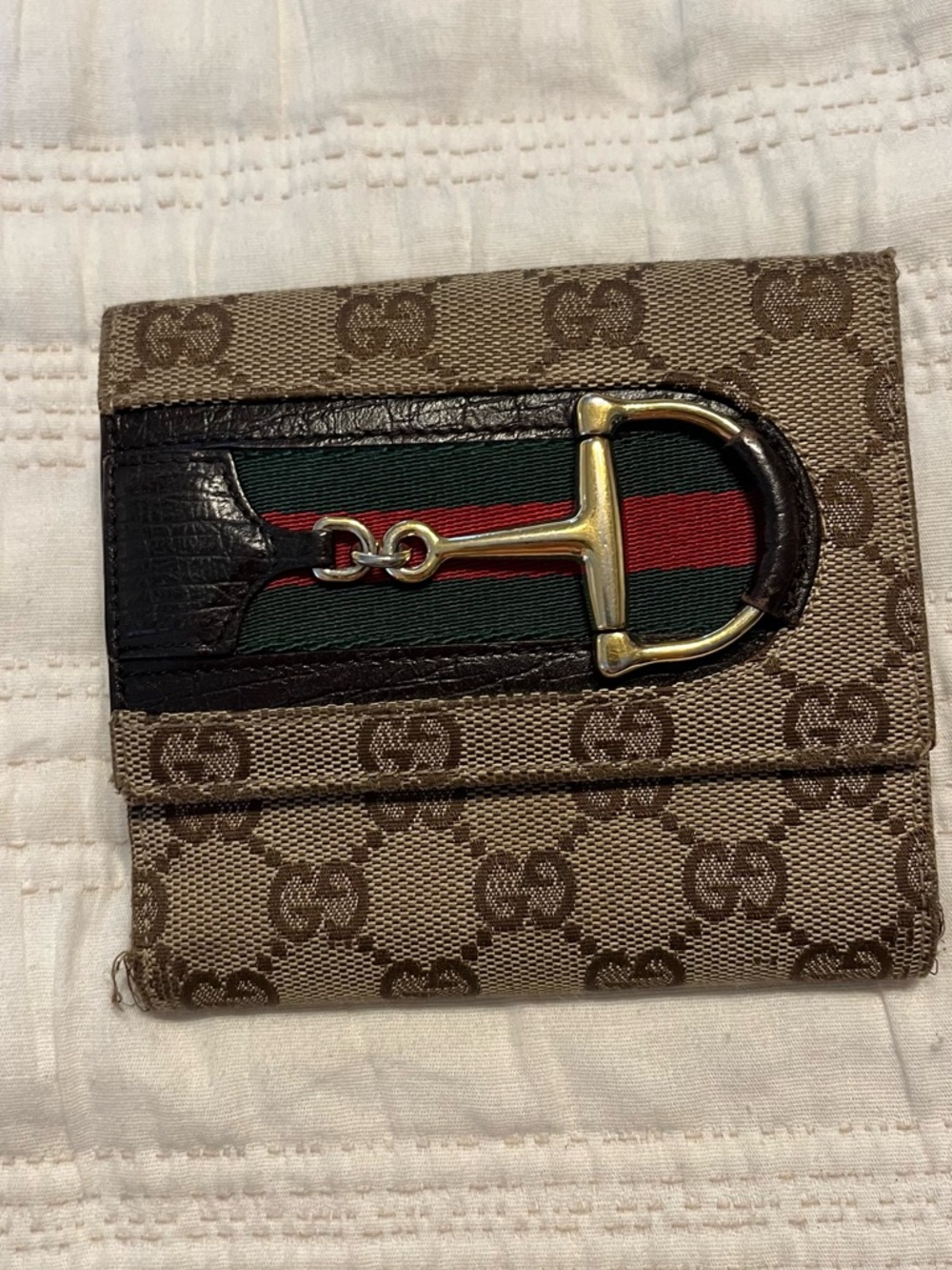 Gucci Beige Monogram Canvas Card Holder with Green-Red Web and Gold Hardware